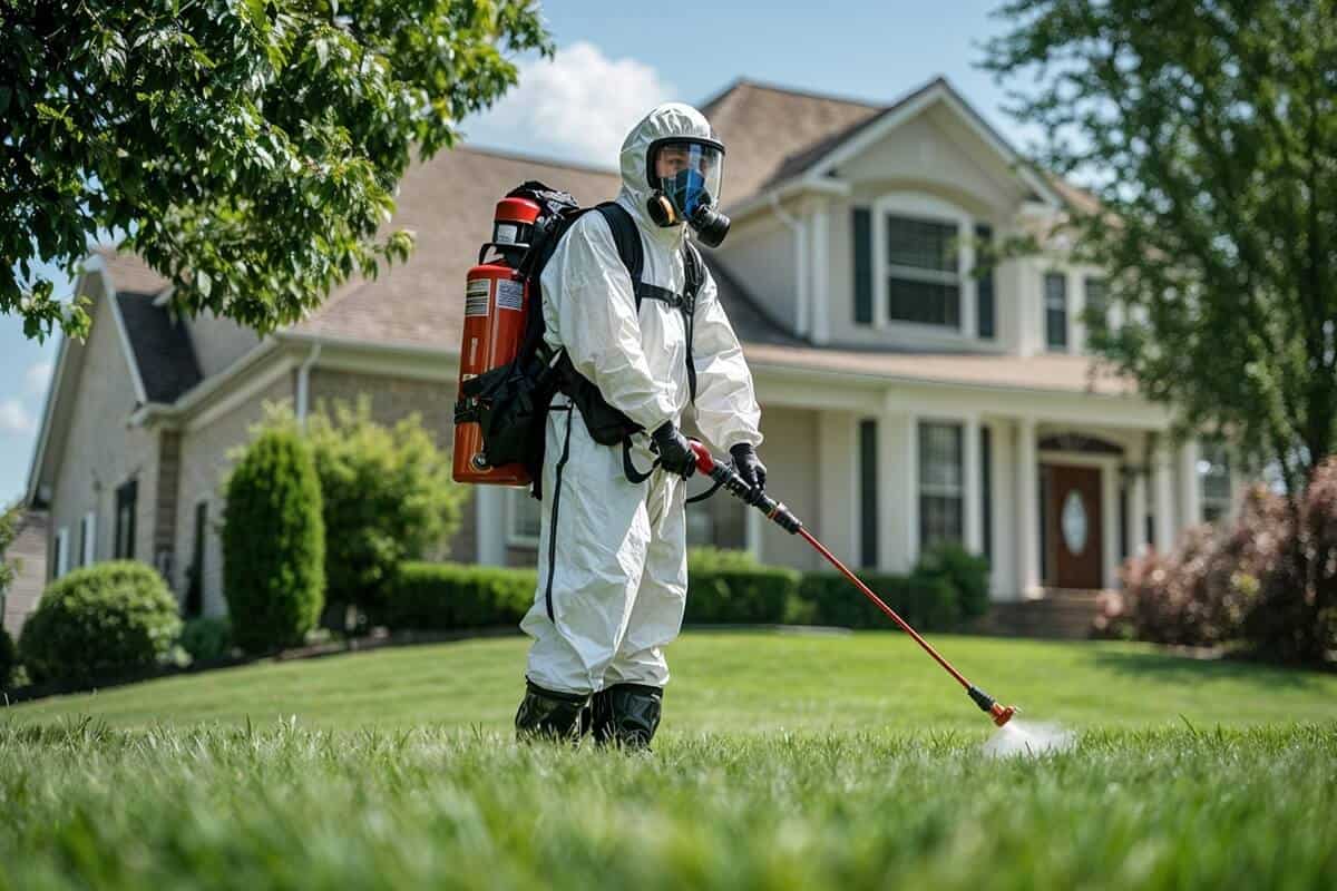 Homme en combinaison de protection utilisant un pulvérisateur pour éliminer les nuisibles dans un ja.
