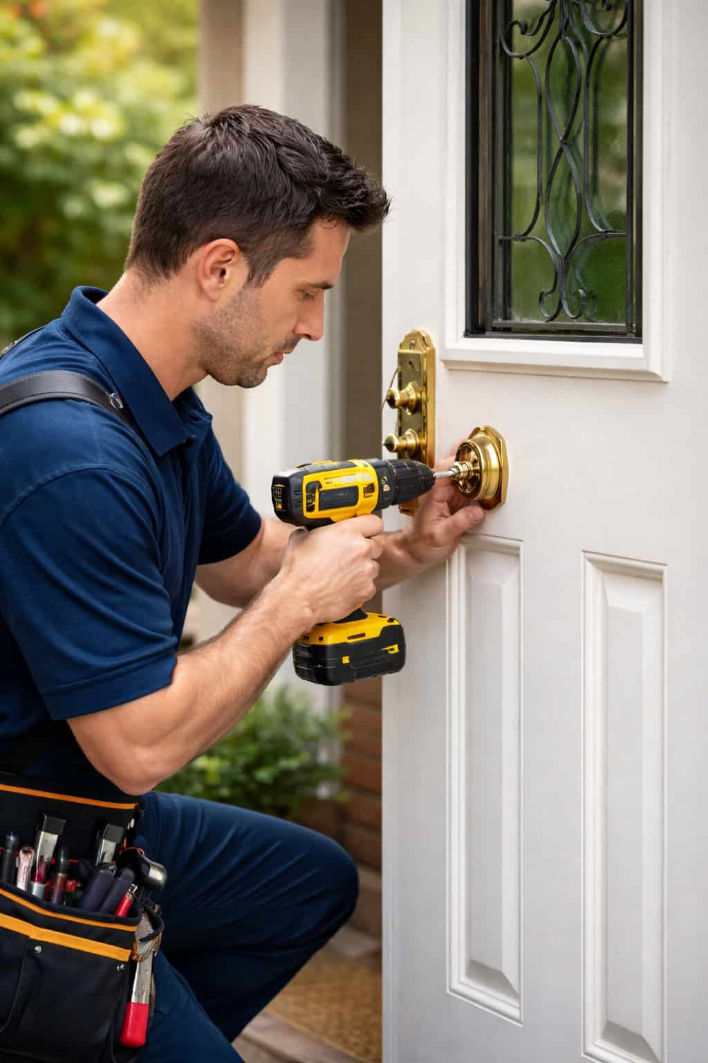 Serrurier à Perpignan utilisant une perceuse sans fil pour changer la serrure de la porte d'entrée.