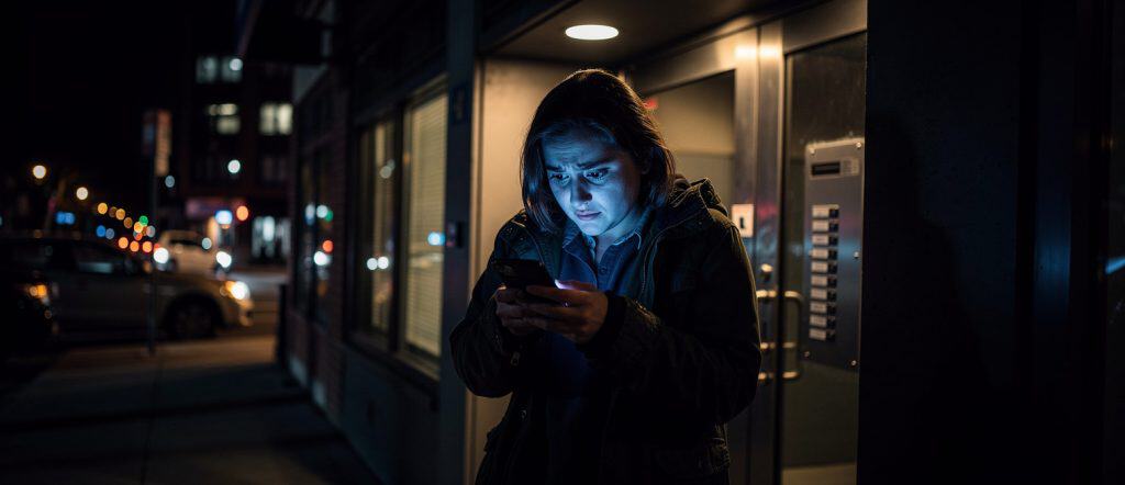 Serrurier à Perpignan utilisant un smartphone la nuit, prêt à intervenir pour des urgences de serrur.