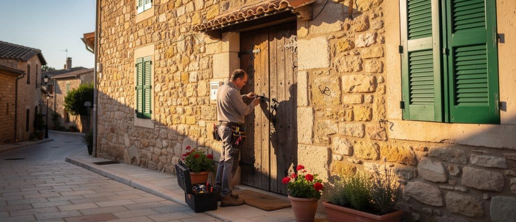Serrurier professionnel à Perpignan effectuant une réparation de serrure sur une porte ancienne en p.