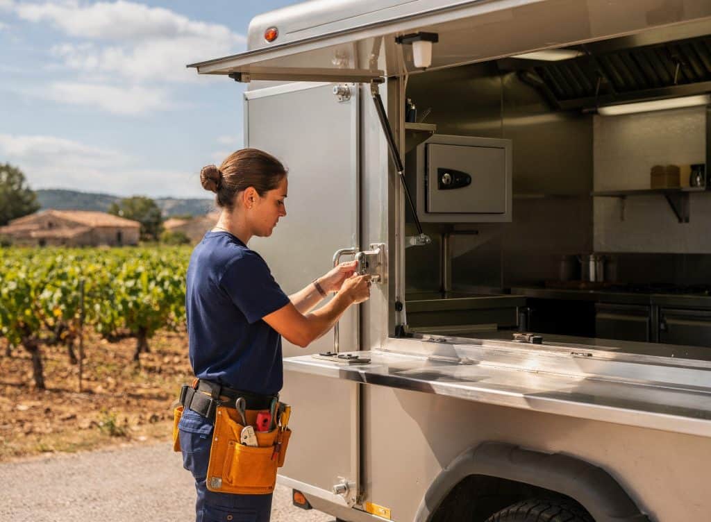 Technicienne de serrurier utilisant un service mobile à Perpignan, dans un environnement rural.