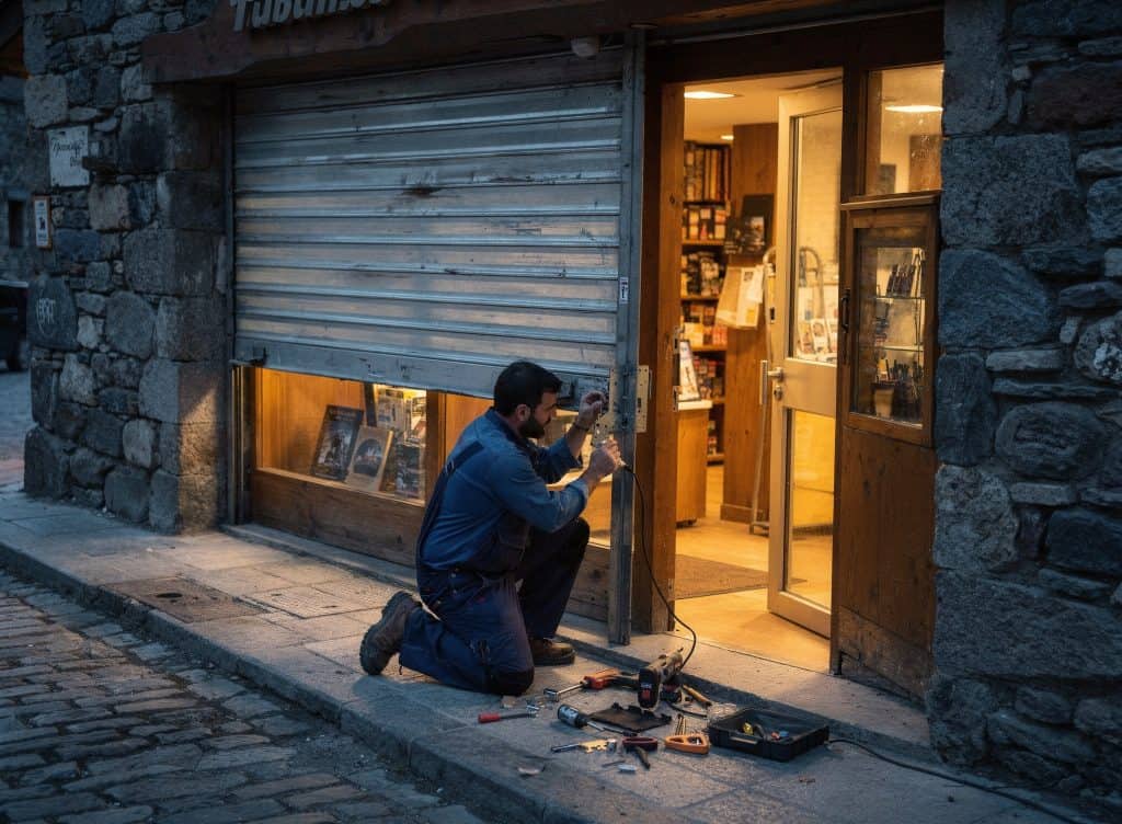Serrurier professionnel à Perpignan, effectuant une réparation de serrure devant un magasin fermé.