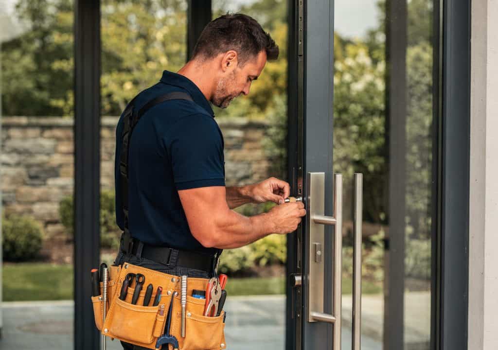 Serrurier à Perpignan installant ou réparant une serrure sur une porte en verre.