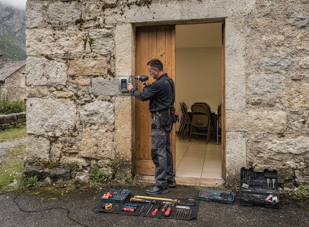 Serrurier professionnel installant ou réparant une porte en bois à Perpignan 66.