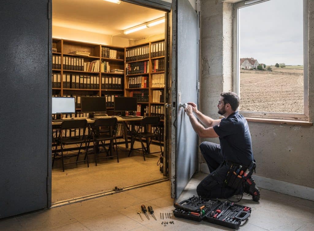 Serrurier professionnel installant une serrure à l'intérieur d'une pièce à Perpignan 66.