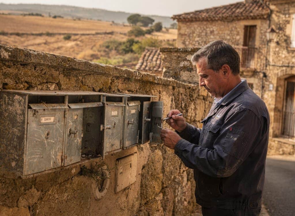 Serrurier à Perpignan vérifiant une boîte aux lettres en milieu rural.