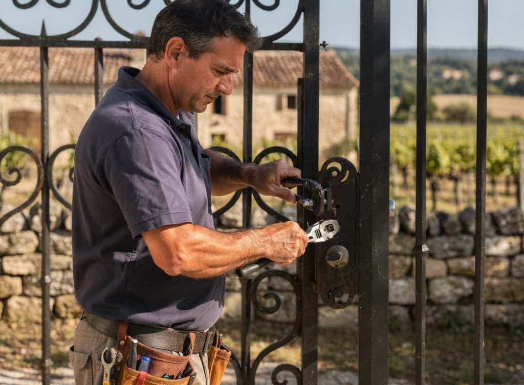 Serrurier à Perpignan installant une serrure sur une porte en fer forgé.