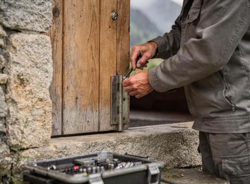 Serrurier à Perpignan installant une serrure en bois.