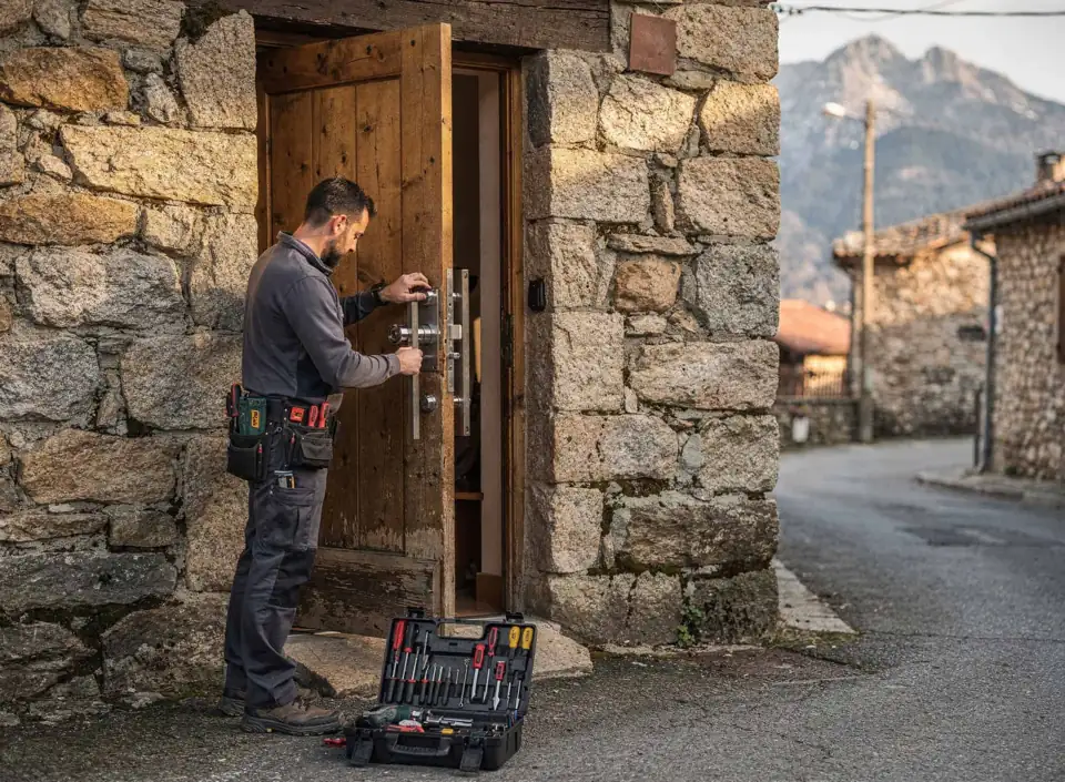 Serrurier professionnel à Perpignan effectuant une réparation de porte en pierre ancienne.