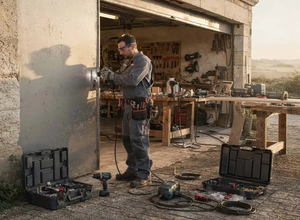 Serrurier à Perpignan utilisant des outils pour installer ou réparer une serrure extérieure.