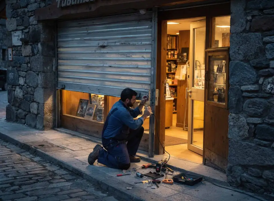 Serrurier professionnel à Perpignan, effectuant une réparation de serrure devant un magasin fermé.