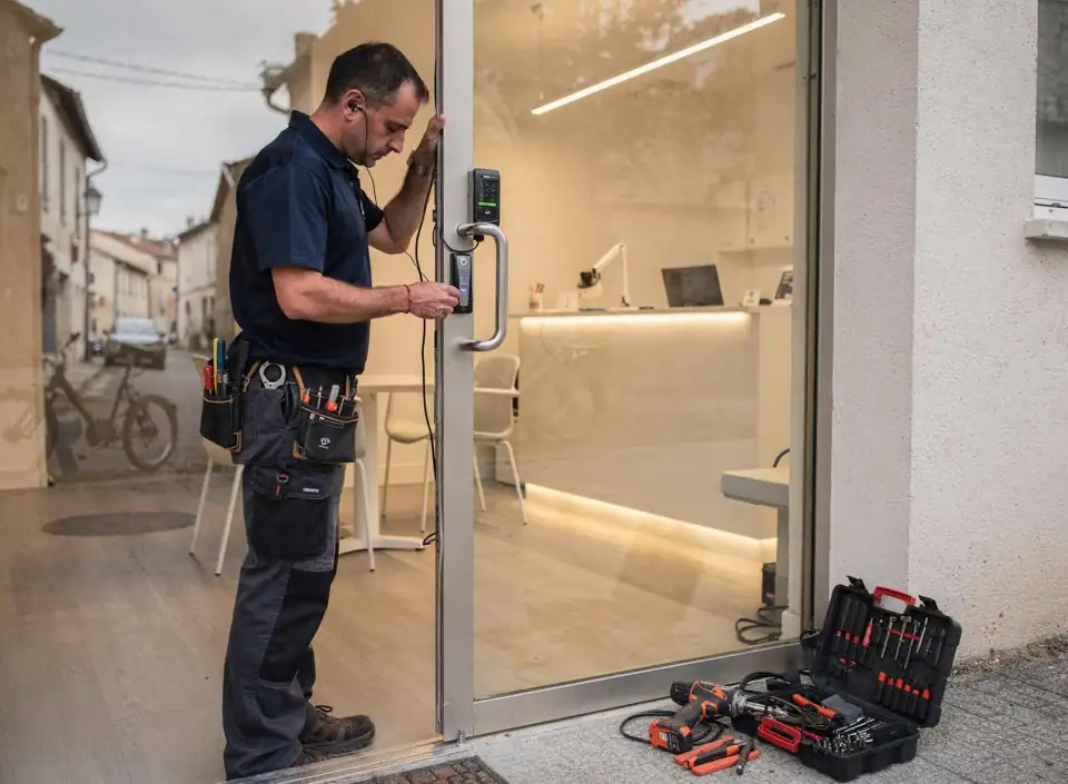 Technicien serrurier à Perpignan installant ou réparant une serrure électronique moderne.