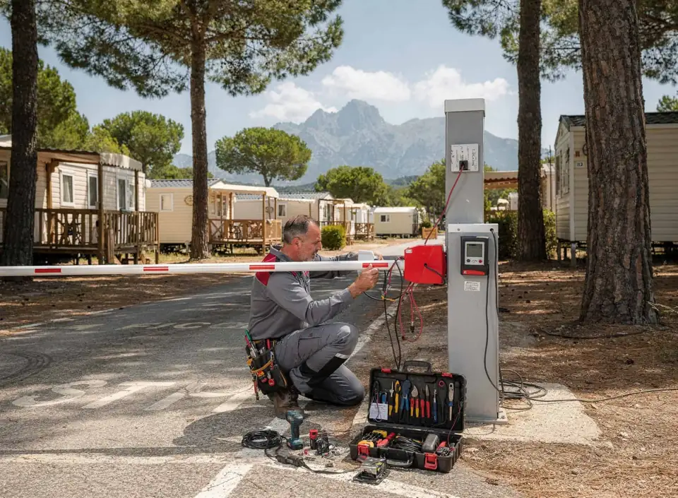 Technicien serrurier vérifiant un panneau de sécurité électrique en extérieur à Perpignan.