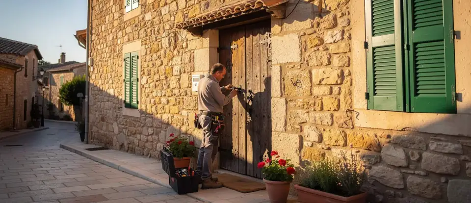 Serrurier professionnel à Perpignan effectuant une réparation de serrure sur une porte ancienne en p.
