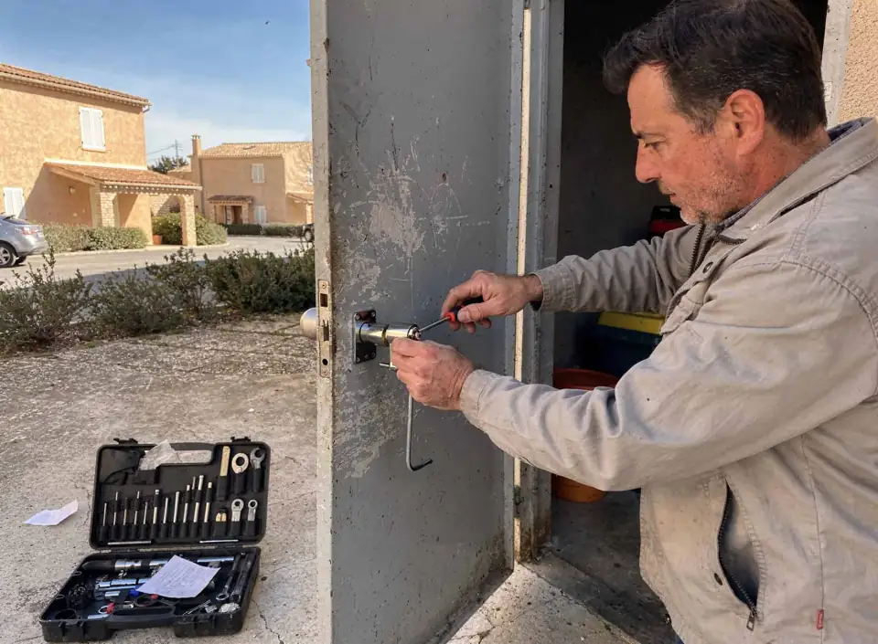 Serrurier à Perpignan utilisant outils pour changer ou réparer une serrure. Service fiable et rapide.