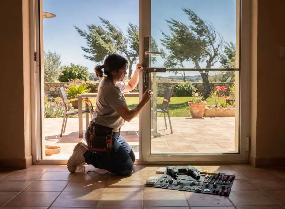 Serrurier à Perpignan installant une serrure sur une porte-fenêtre.