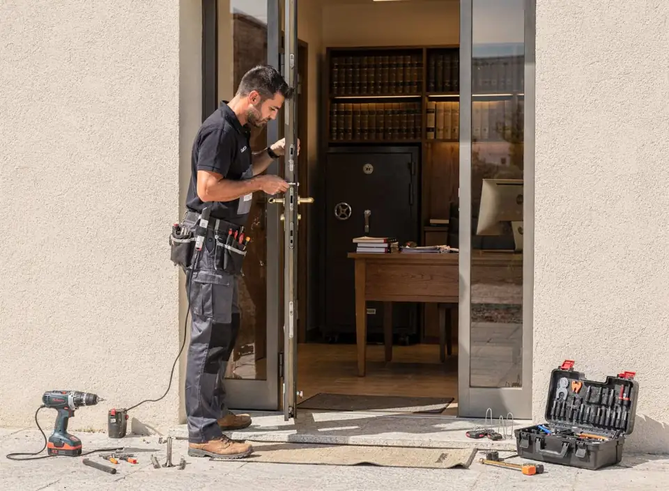 Serrurier à Perpignan installant une serrure de sécurité à la porte d'entrée.