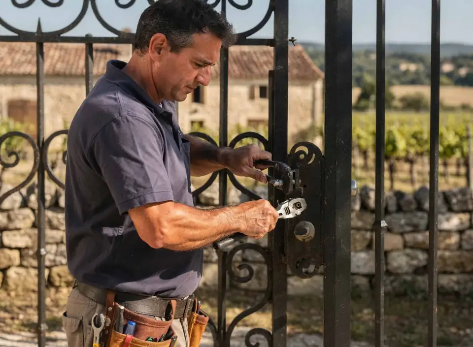 Serrurier à Perpignan installant une serrure sur une porte en fer forgé.