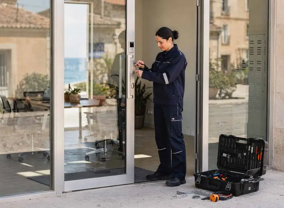 Serrurier à Perpignan utilisant un smartphone devant une porte vitrée, avec outils à proximité.